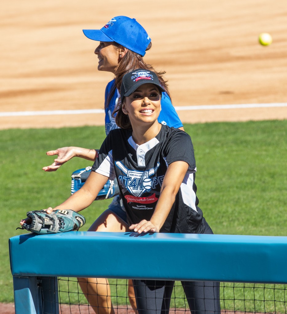Actress Eva Longoria warms ups at Adrian Gonzalez's Bat 4 Hope Celebrity Softball Game at Dodger Stadium Los Angeles. Featuring: Eva Longoria, Constance Marie Where: Los Angeles, California, United States When: 07 Nov 2015 Credit: Brian To/WENN.com