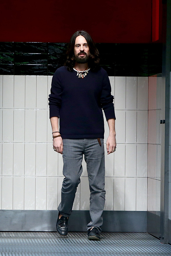 MILAN, ITALY - FEBRUARY 25: Designer Alessandro Michele acknowledges the applause of the audience after the Gucci show during the Milan Fashion Week Autumn/Winter 2015 on February 25, 2015 in Milan, Italy. (Photo by Vittorio Zunino Celotto/Getty Images)