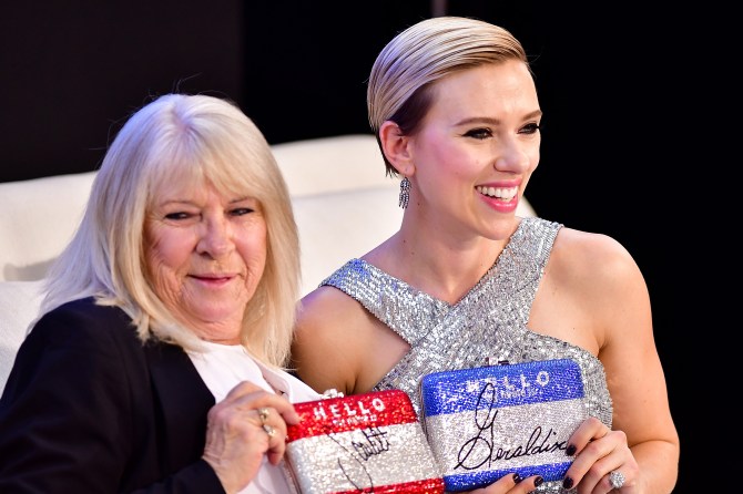 Scarlett Johansson Style: Scarlett with bejeweled "Hello, my name is" clutches on the red carpet at the "Rough Night" New York premiere in June 2017.