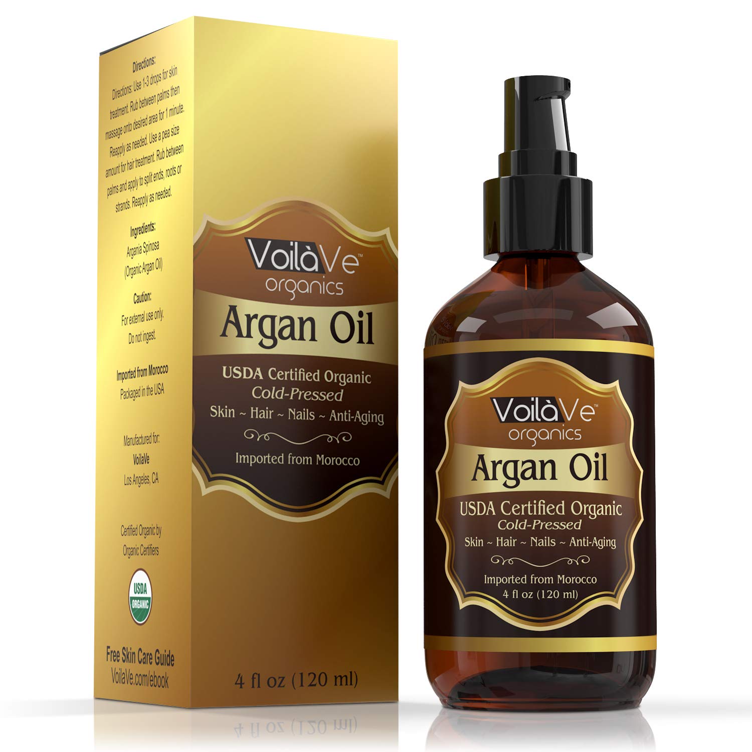 VoilaVe USDA and ECOCERT Pure Organic Moroccan Argan Oil 