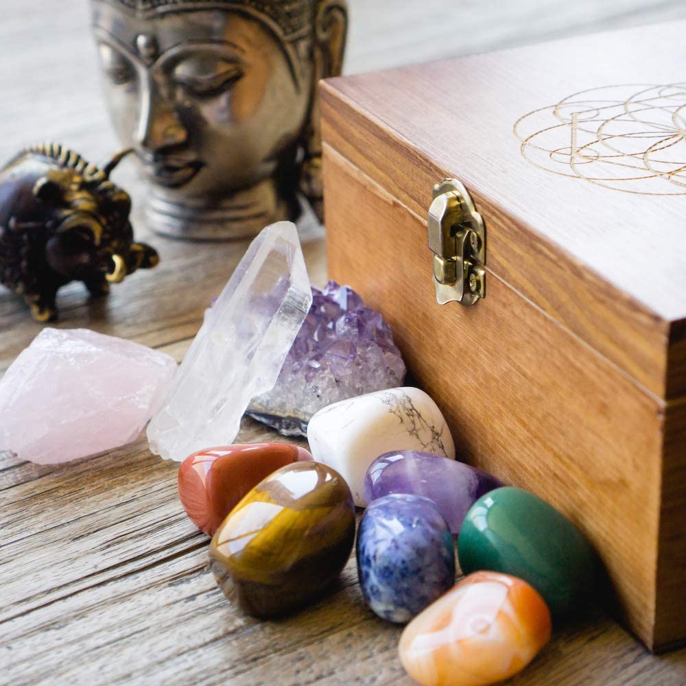 Crystalya Premium Grade Crystals and Healing Stones in Wooden Display Box