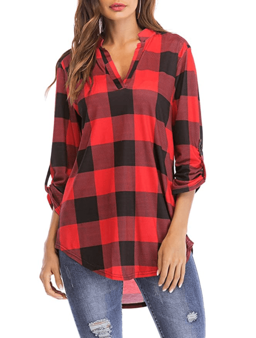 St. Jubileens Women Roll-Up 3/4 Sleeve Plaid Shirt Tunic 