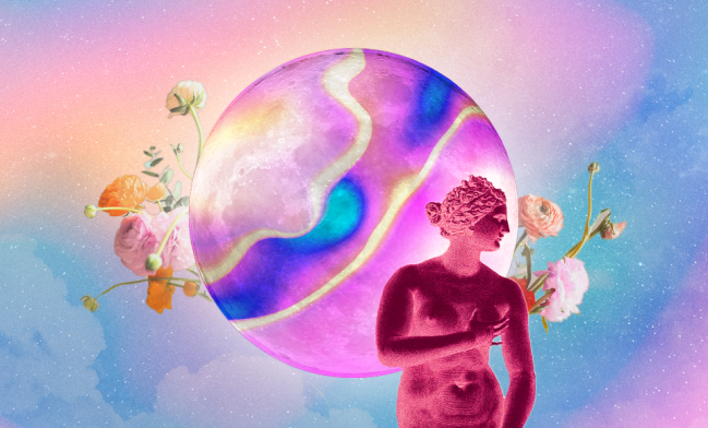 A colorful full moon surrounded by flowers and a statue of goddess Venus