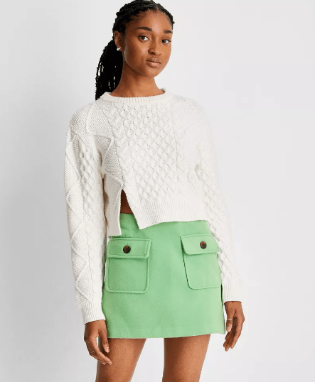 Cropped Cable Knit Crewneck Sweater