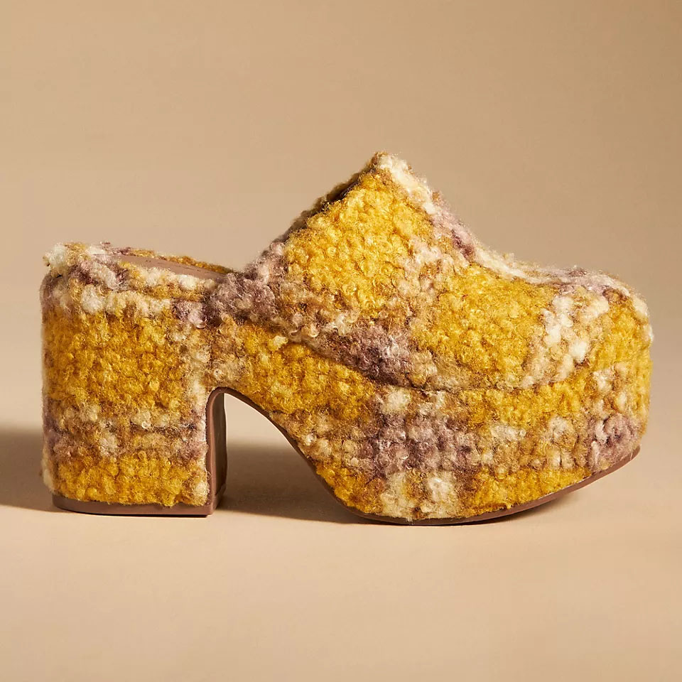 chunky platform clogs in fuzzy shearling material