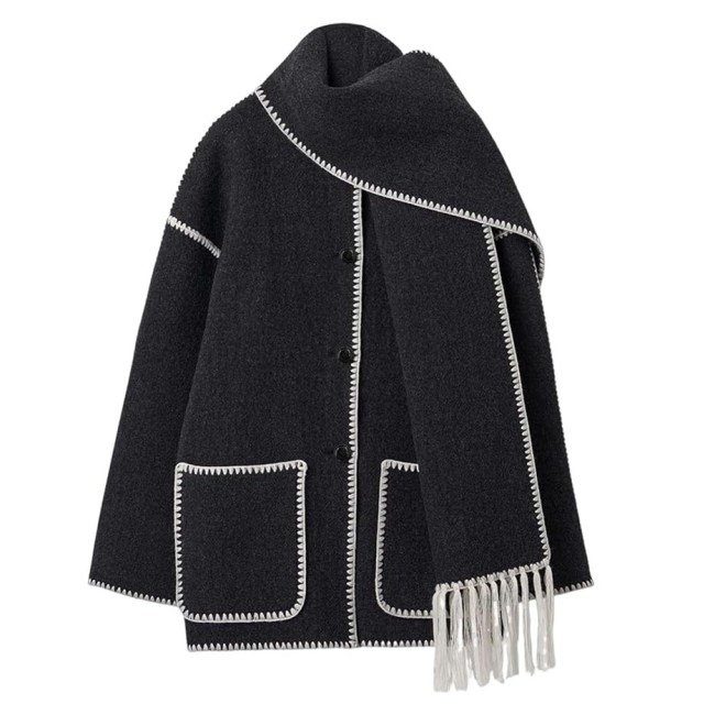 Scarf Coats 2024: Yimoon Womens Embroidered Scarf Jacket Oversized Button Down Wool Blend Coat Causal Winter Outwear with Tassel Scarf