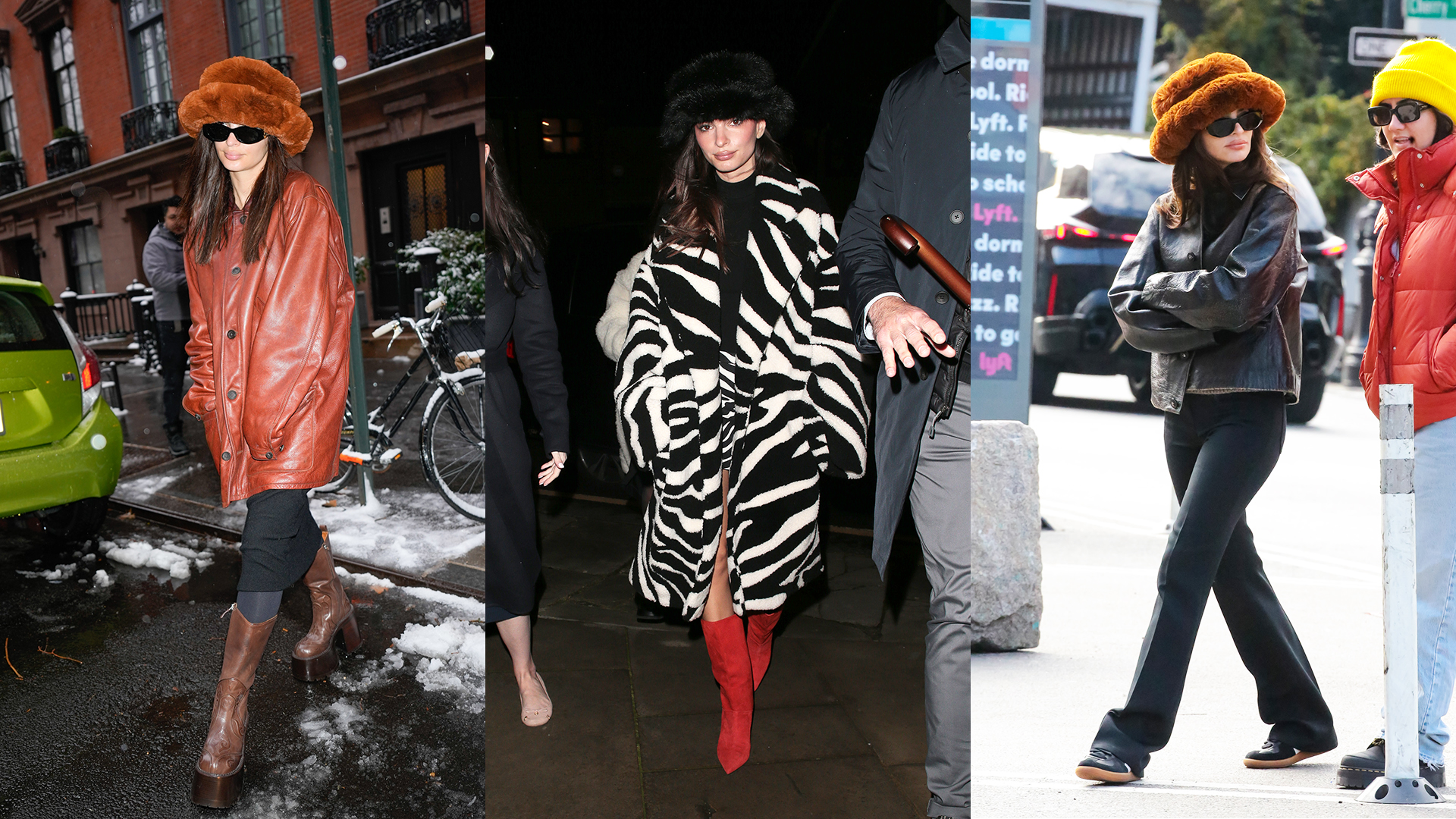 Three images of Emily Ratajkowski wearing a fluffy bucket hat