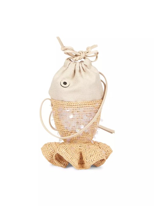 A fish-shaped bag made of canvas and raffia