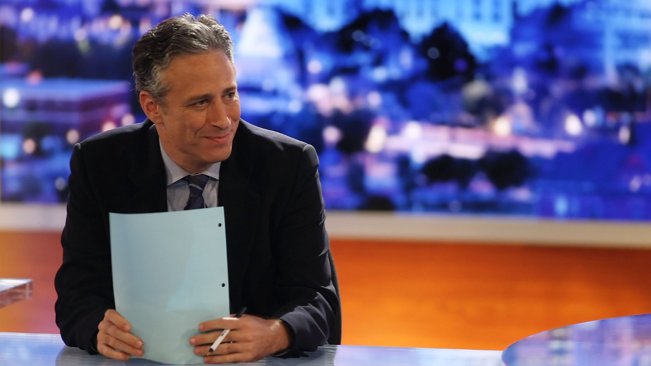 Jon Stewart hosting "The Daily Show" on Comedy Central.