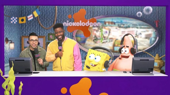 SpongeBob SquarePants (voiced by Tom Kenny) and Patrick Star (voiced by Bill Fagerbakke) with CBS Sports analyst Nate Burleson and play-by-play announcer Noah Eagle.