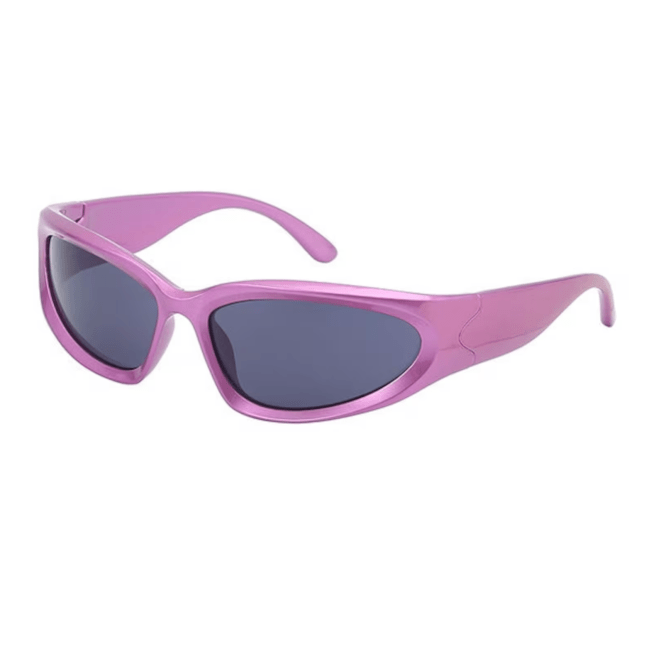 A pair of purple wraparound sunglasses with dark lenses