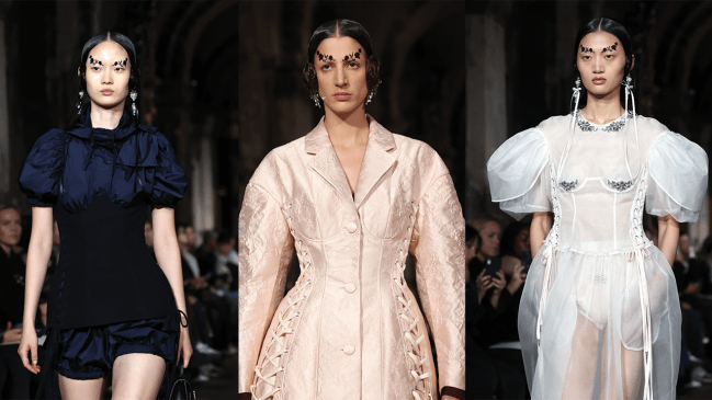 Three different models from the Simone Rocha FW24 collection, all of them have rosette eyebrows: graphic rosettes drawn in place of their eyebrows.