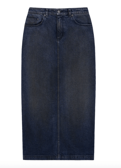 Tank Air Cocoon Denim Maxi Skirt: a dark indigo maxi skirt with a slit in the back