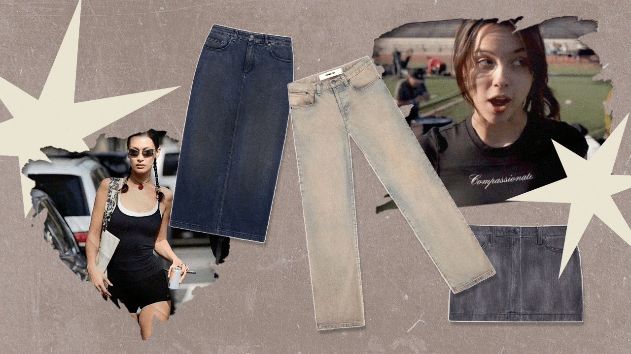 Bella Hadid and Olivia Rodrigo wearing Tankair collaged beside their Low Slung Jeans, Denim Mini Skirt, and Cocoon Denim Maxi Skirt