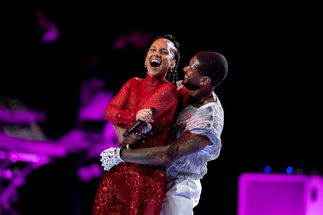  Usher performs with Alicia Keys during the Apple Music halftime show at the NFL Super Bowl 58 football game between the San Francisco 49ers and the Kansas City Chiefs at Allegiant Stadium on February 11, 2024 in Las Vegas, Nevada.