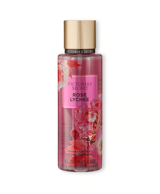 A bottle of Rose Lychee fragrance mist from Victoria's Secret