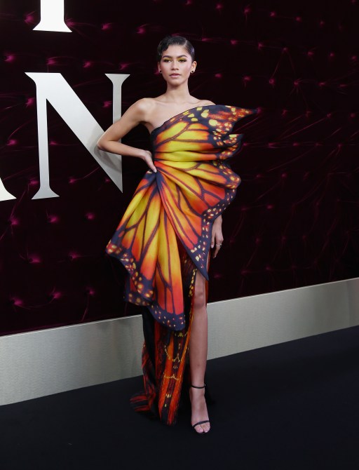 Zendaya at The Greatest Showman premiere in a one-shoulder evening gown that looks like a Monarch butterfly