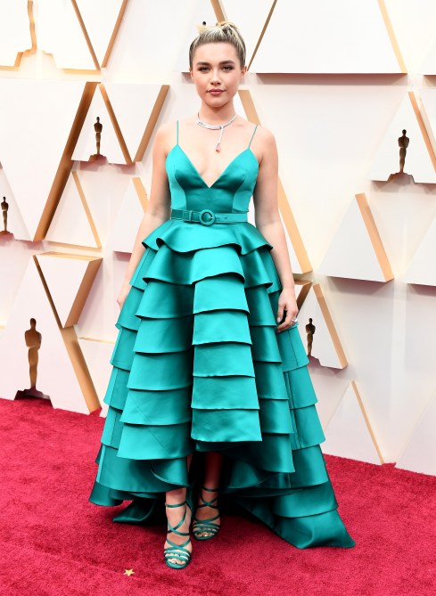 Florence Pugh in a green ruffled high-low ball gown at the 2020 Oscars red carpet