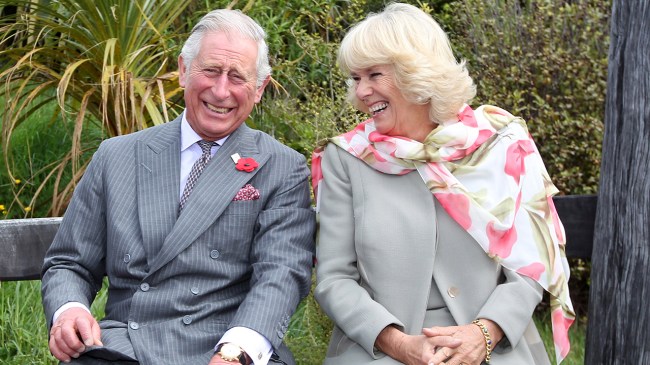 King Charles a white man in a grey suit and Camila, a white man in a grey suit and floral scar laughing.