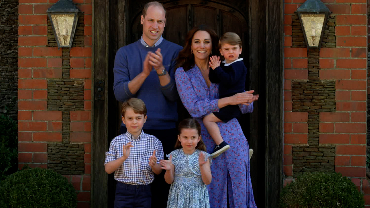 In this screengrab, Prince William, Duke of Cambridge, Catherine Duchess of Cambridge, Prince George of Cambridge, Princess Charlotte of Cambridge and Prince Louis of Cambridge clap for NHS carers as part of the BBC Children In Need and Comic Relief 'Big Night In at London on April 23, 2020 in London, England.The 'Big Night In' brings the nation an evening of unforgettable entertainment in a way we've never seen before. Raising money for and paying tribute to those on the front line fighting Covid-19 and all the unsung heroes supporting their communities.