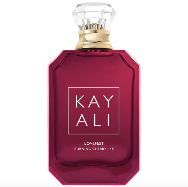 Kayali Lovefest Burning Cherry in a cherry colored bottle with a gem for a cap.