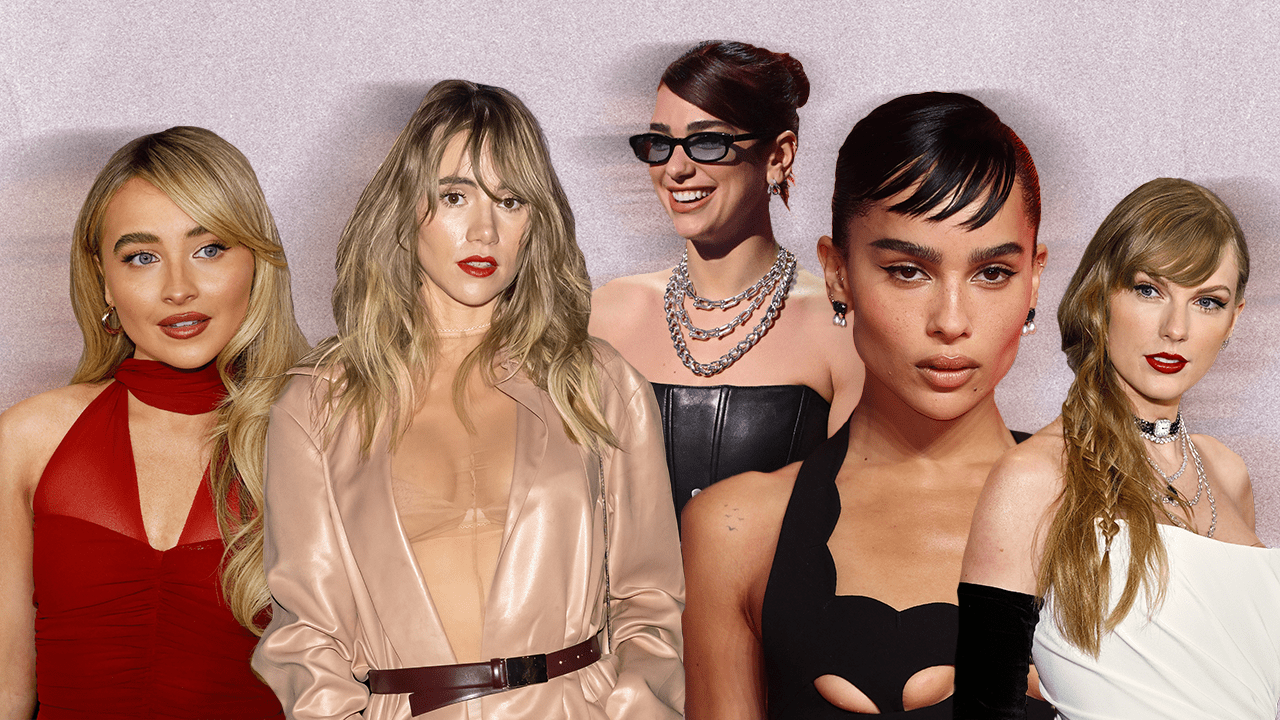 Sabrina Carpenter, Suki Waterhouse, Dua Lipa, Zoe Kravitz, and Taylor Swift all with side bangs.