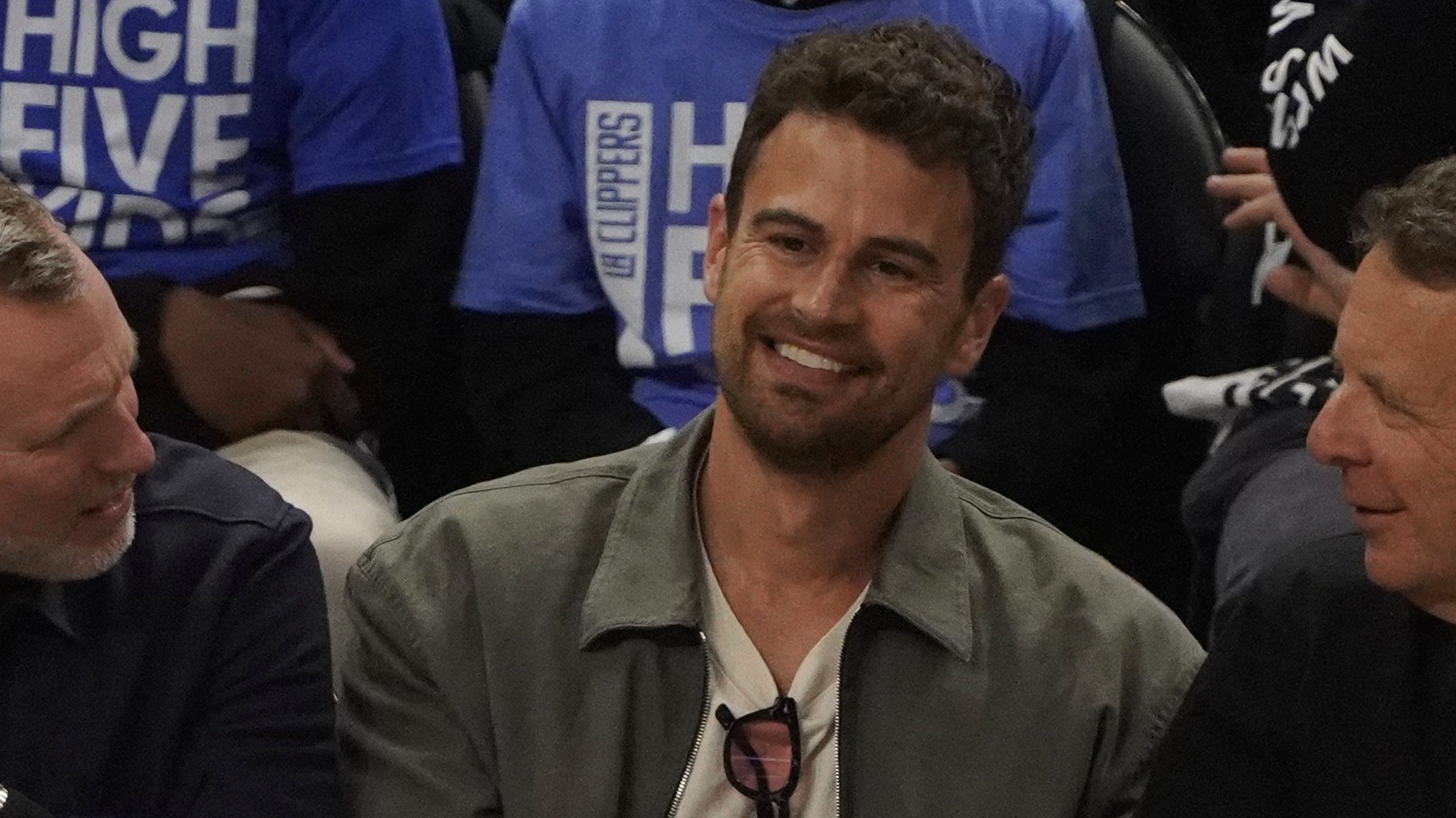 Theo James (C) seen at game 2 of the 2024 NBA Playoffs between the Los Angeles Clippers and the Dallas Mavericks game at Crypto.com Arena  on April 23, 2024 in Los Angeles, California.