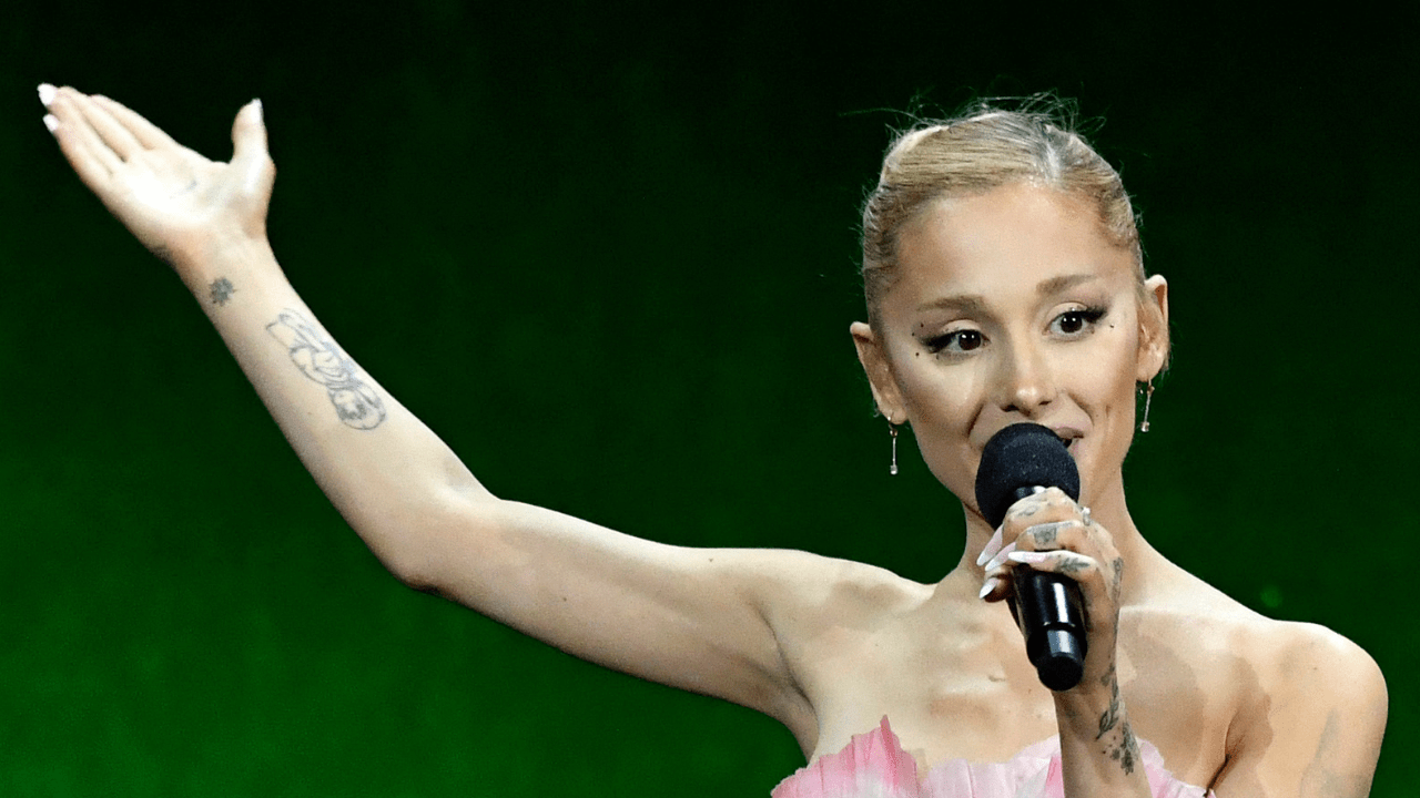 Ariana Grande speaks about the movie "Wicked" during the Universal Pictures and Focus Features presentation at The Colosseum at Caesars Palace at CinemaCon 2024 in Las Vegas, Nevada, on April 10, 2024.