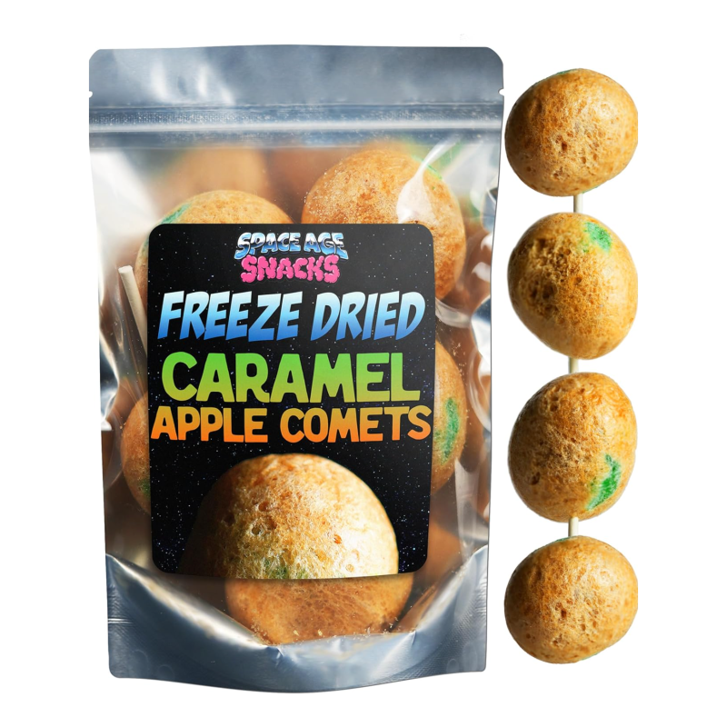 A bag of freeze-dried, comet-shape snacks, next to four of them laid out in a line