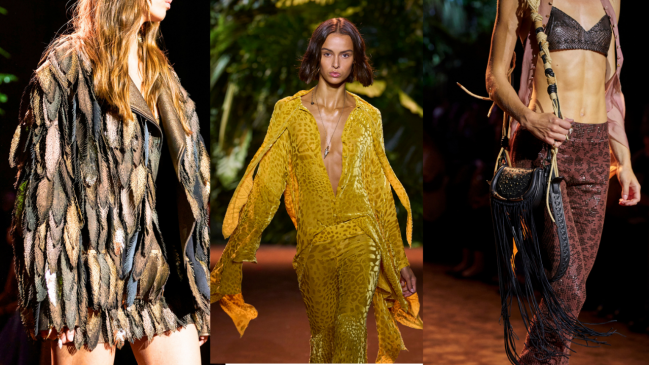 Three models at Roberto Cavalli's Spring Summer 2024 show wearing animal and feather prints.