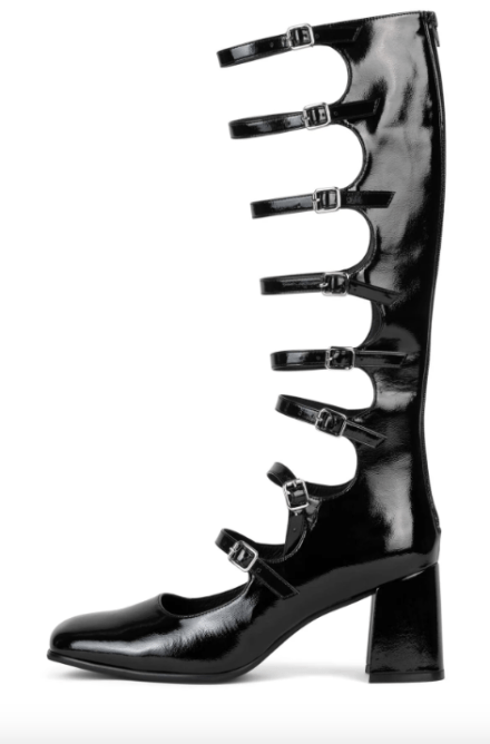 Jeffrey Campbell Monsieur Boots, black knee high boots with a shorter heel and straps.