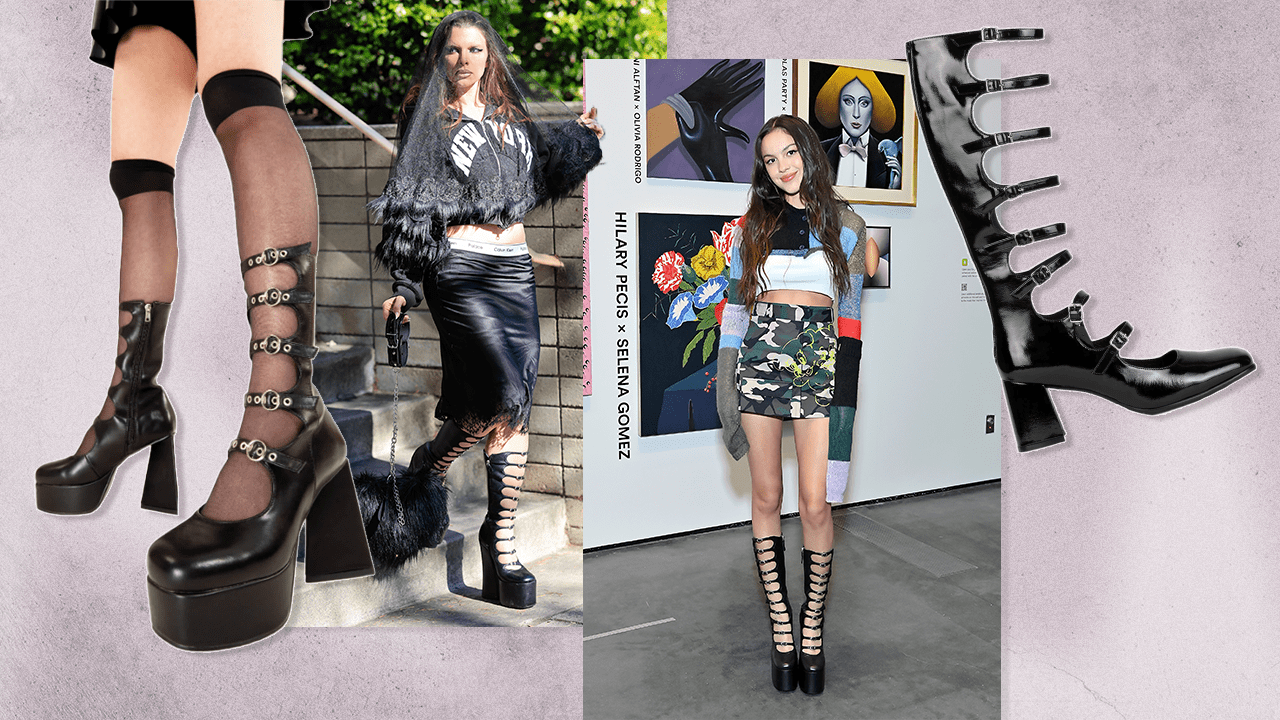 Julia Fox and Olivia Rodrigo wearing Marc Jacobs Kiki Boots, surrounded by similar boots from Lamoda and Jeffrey Campbell.