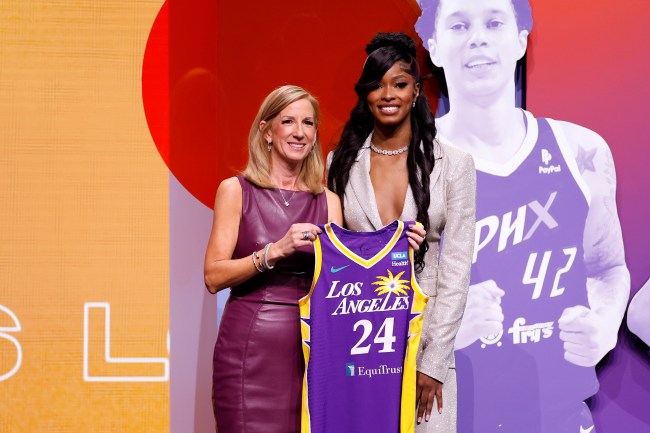 NEW YORK, NEW YORK - APRIL 15: Rickea Jackson poses with WNBA Commissioner Cathy Engelbert after being selected fourth overall pick by the Los Angeles Sparks during the 2024 WNBA Draft at Brooklyn Academy of Music on April 15, 2024 in New York City