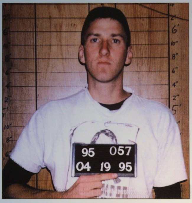 A police mug shot of Timothy McVeigh is displayed June 12, 2001 at the Oklahoma National Memorial museum in Oklahoma City, one day after his execution.