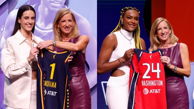 Caitlin Clark holding a jersey with WNBA Commissioner Cathy Englebert and Aliyah Edwards holding up a jersey.