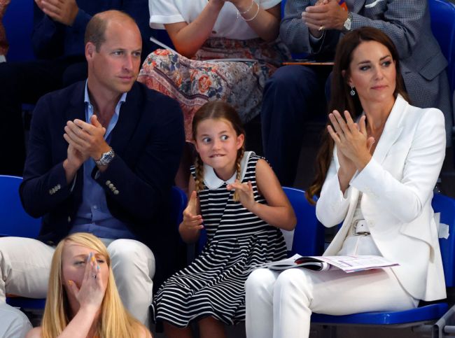 Prince William, Duke of Cambridge, Princess Charlotte of Cambridge and Catherine, Duchess of Cambridge watch the swimming competition at the Sandwell Aquatics Centre during the 2022 Commonwealth Games on August 2, 2022 in Birmingham, England.
