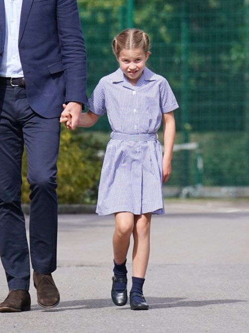 Princess Charlotte and Prince William, Duke of Cambridge arrive for a settling in afternoon at Lambrook School, near Ascot on September 7, 2022 in Bracknell, England. The family have set up home in Adelaide Cottage in Windsor's Home Park as their base after the Queen gave them permission to lease the four-bedroom Grade II listed home.