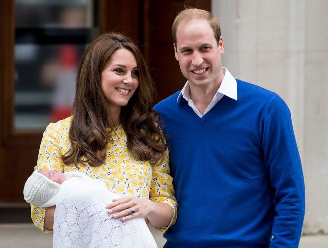 Prince William, Duke of Cambridge and Catherine, Duchess of Cambridge leave hospital with their new baby daughter at St Mary's Hospital on May 2, 2015 in London, England.
