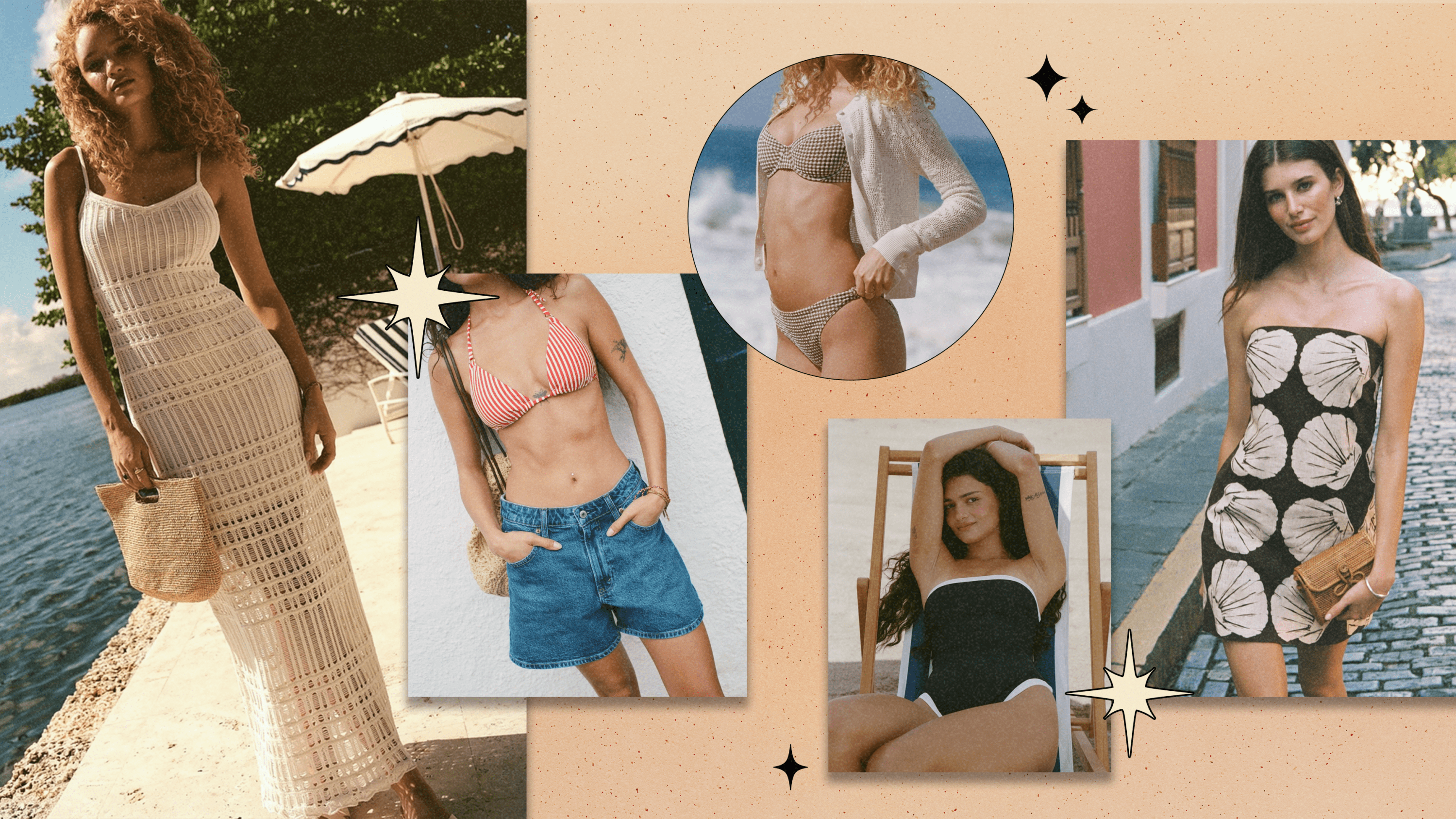 Five models in natural settings dressed in Abercrombie & Fitch clothing (dresses, swimsuits, shorts).