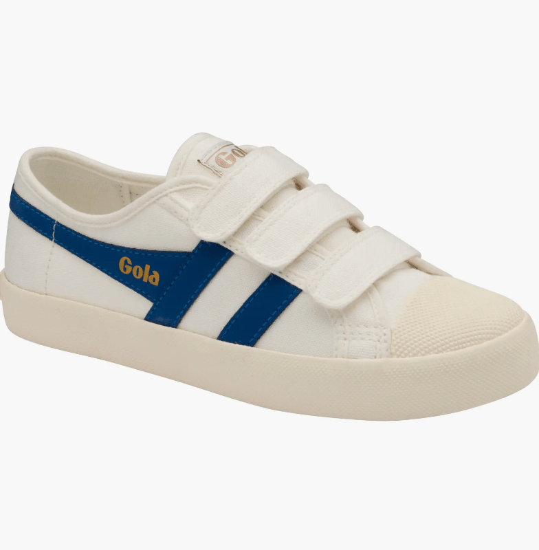 A white sneaker with colorful Velcro straps