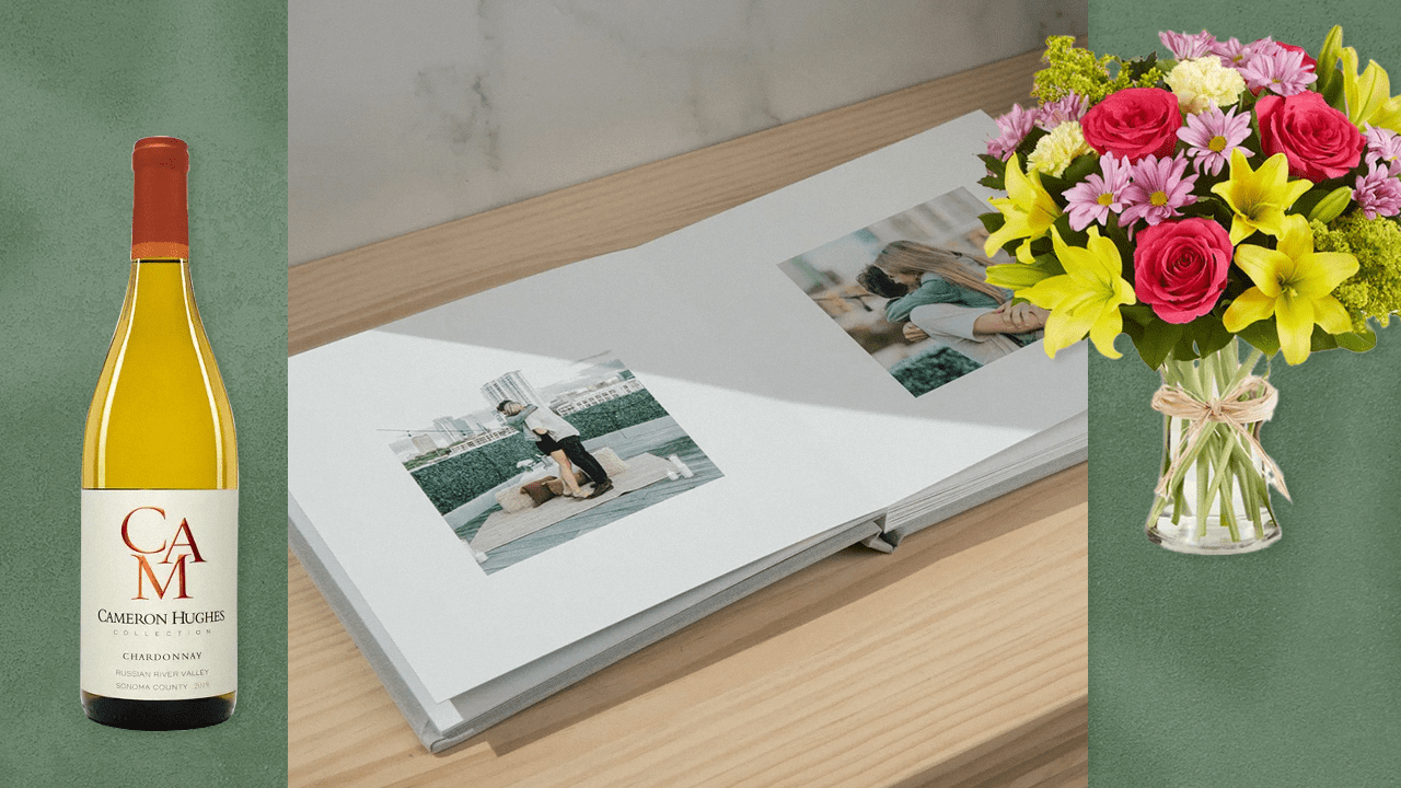 Left to Right: wine, photo book, flower bouquet.