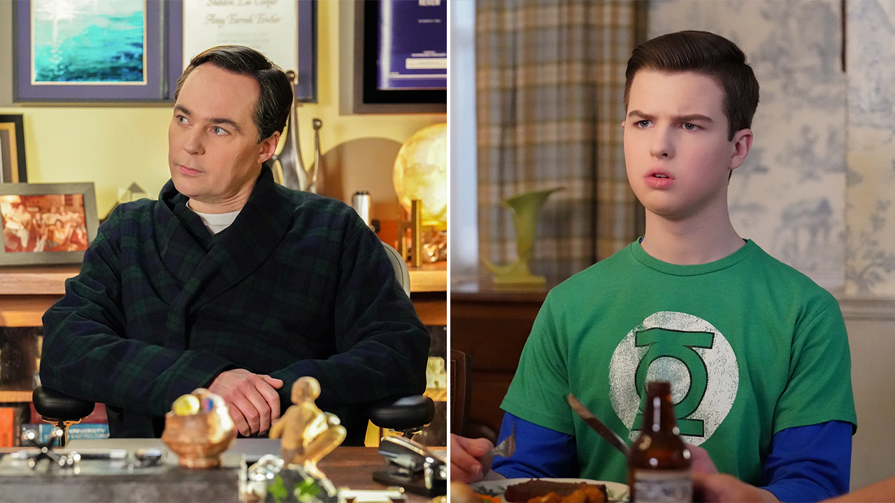 Young Sheldon. Left: Jim Parsons as Sheldon Cooper; Right: Iain Armitage as Sheldon.