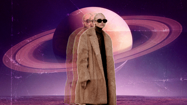 A double exposure of a woman standing in front of planet Saturn over a bright purple night sky