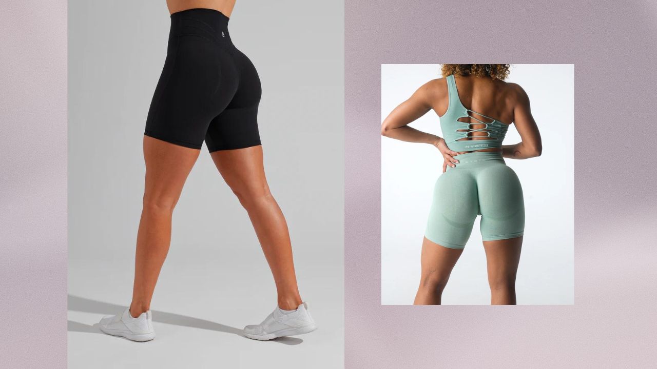 A photo of a woman wearing a pair of black bike shorts; A photo of a woman wearing green bike shorts and a matching green sports bra.