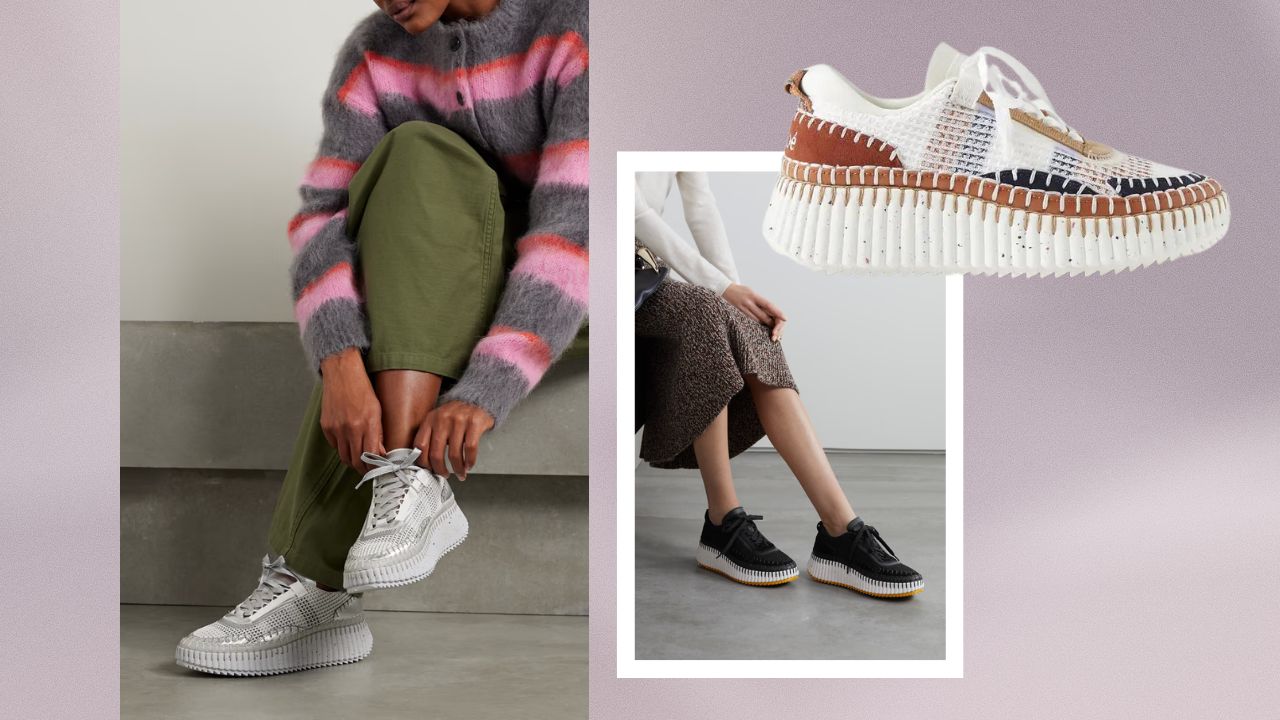 From left to right: A woman in a gray and pink striped cardigan and green pants wearing silver sneakers, a woman in a gray wool skirt sitting down wearing black sneakers, a pair of platform Chloé sneakers