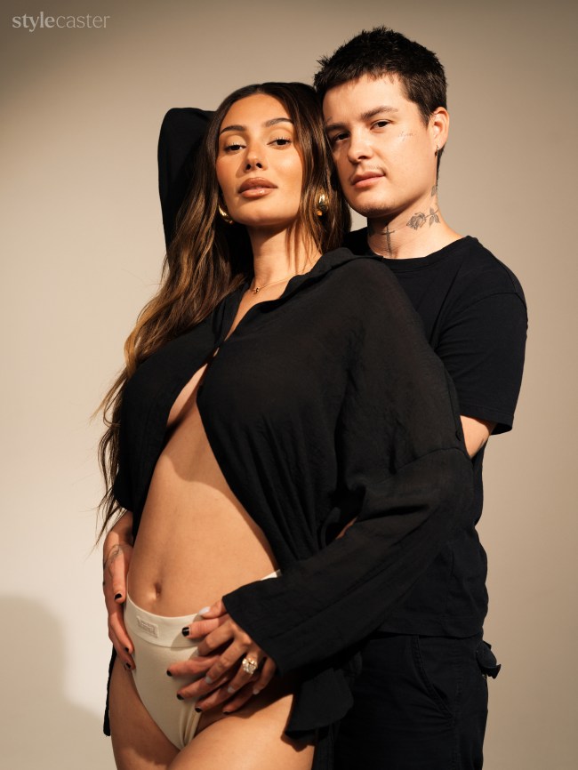 Pregnant Francesca Farago and her fiance Jesse Sullivan pose for StyleCaster's Exist Issue photoshoot. 