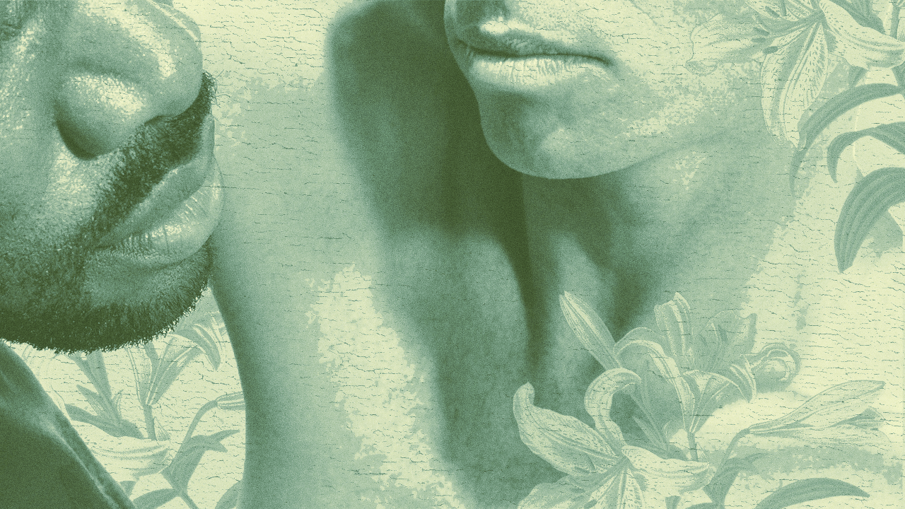 A photo illustration of two partial male faces looking at each other, surrounded by flowers