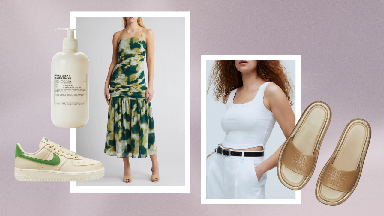 From left to right: Cream Nike Air Force 1 sneakers with a green swoosh, a white pump bottle of Le Labo hand soap, a woman wearing a green formal dress, a woman wearing a white tank, a pair of brown jelly slides