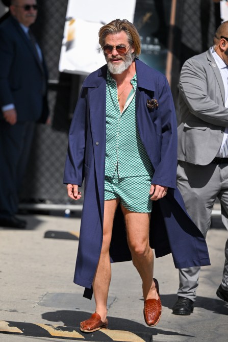 Chris Pine is seen arriving at "Jimmy Kimmel Live!" on May 09, 2024 in Los Angeles, California.
