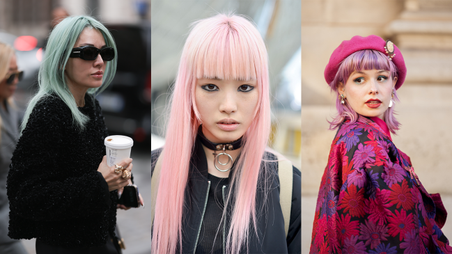 Fashion week guests with pastel hair.